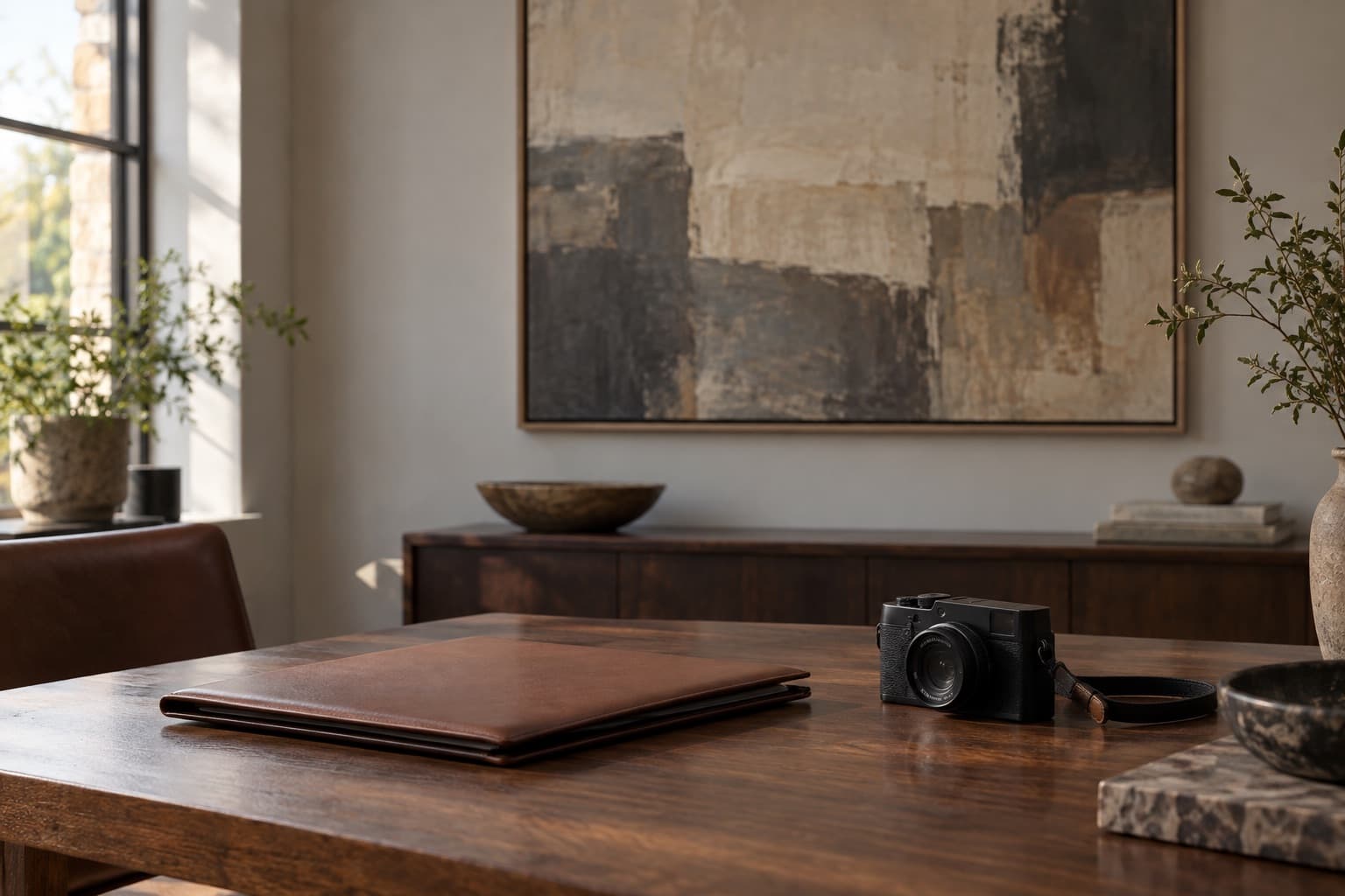 Policy folder and a camera in front of a framed painting