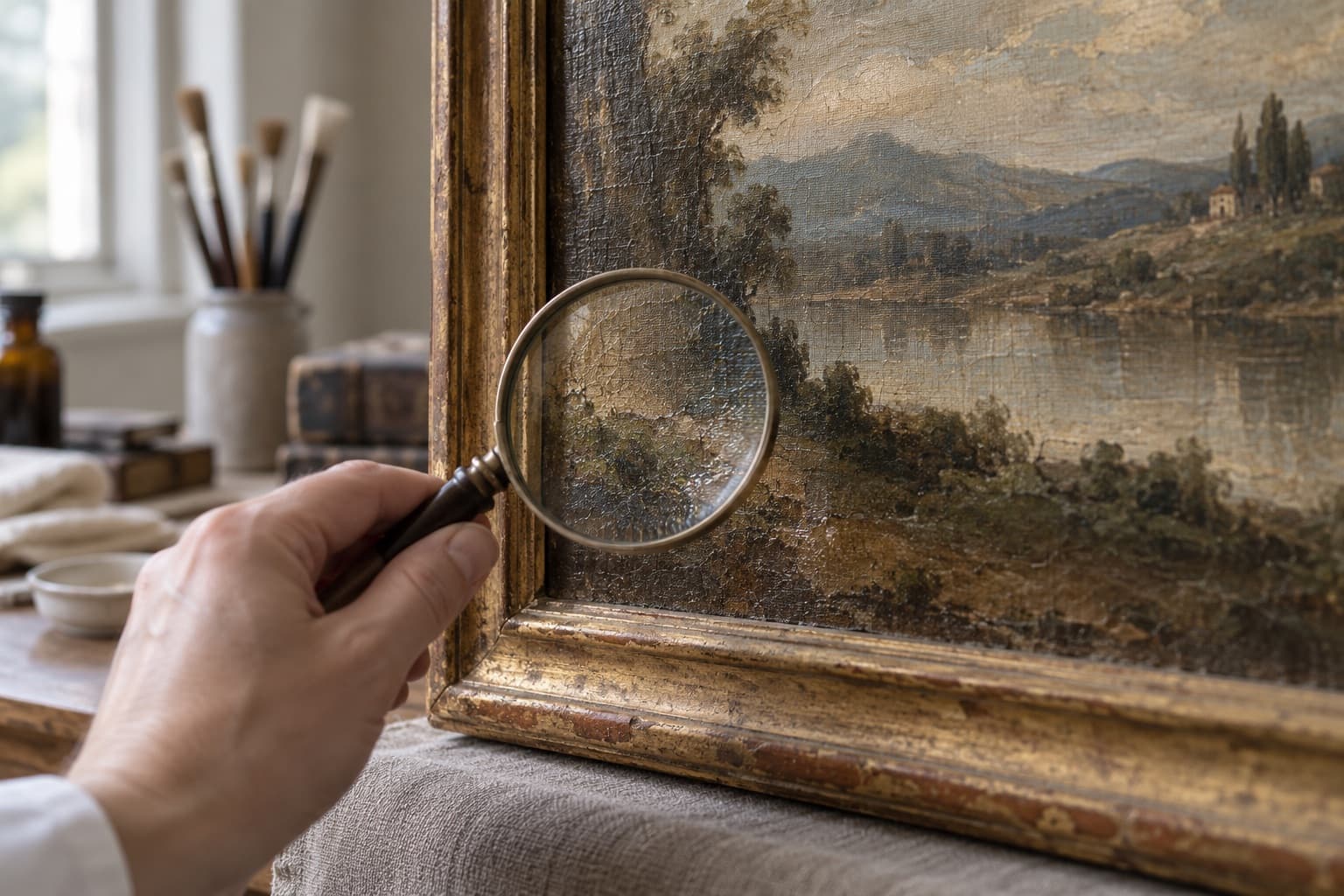 Magnifier held to the corner of an old oil painting