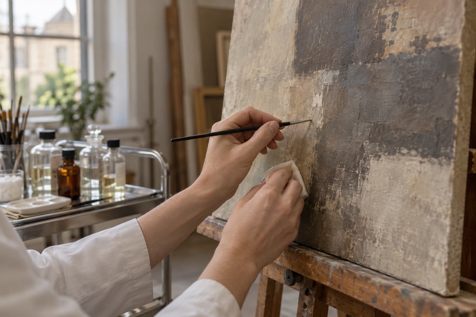 Conservator retouching a canvas with a fine brush