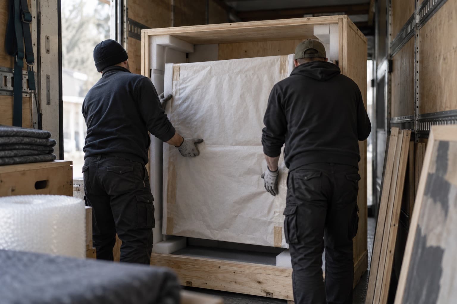 Handlers sliding a wrapped painting into a foam-lined crate