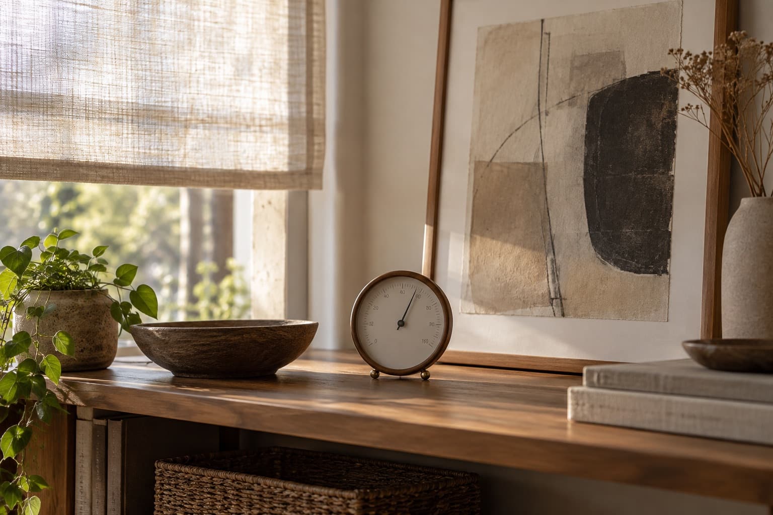 Hygrometer on a shelf beside a framed work in a softly lit room