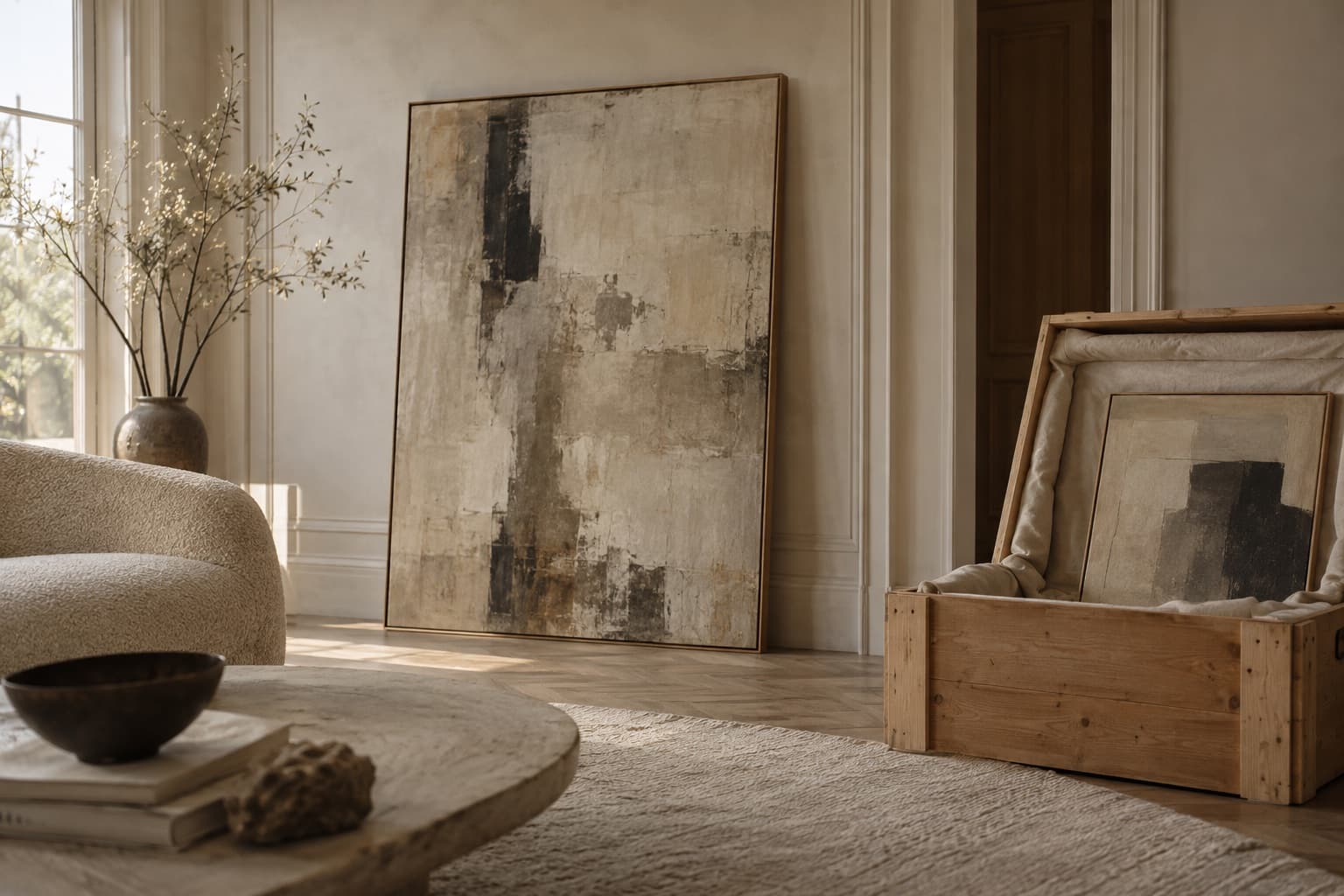 Two framed works in an empty living room, one still in its crate