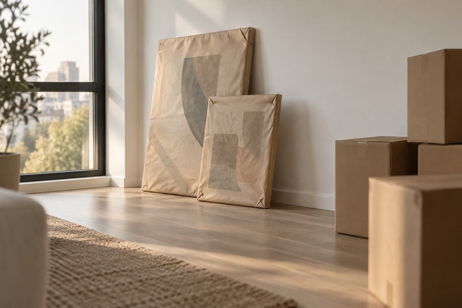 Empty new living room with wrapped canvases leaning by the window