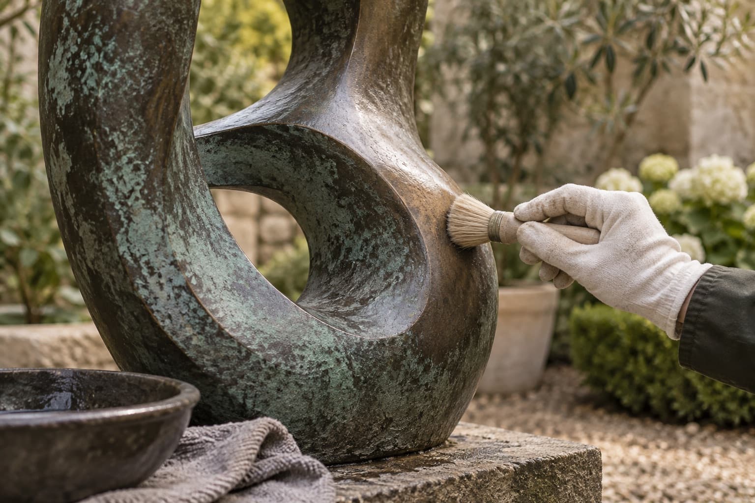 Gloved hand washing a bronze garden sculpture with a soft brush