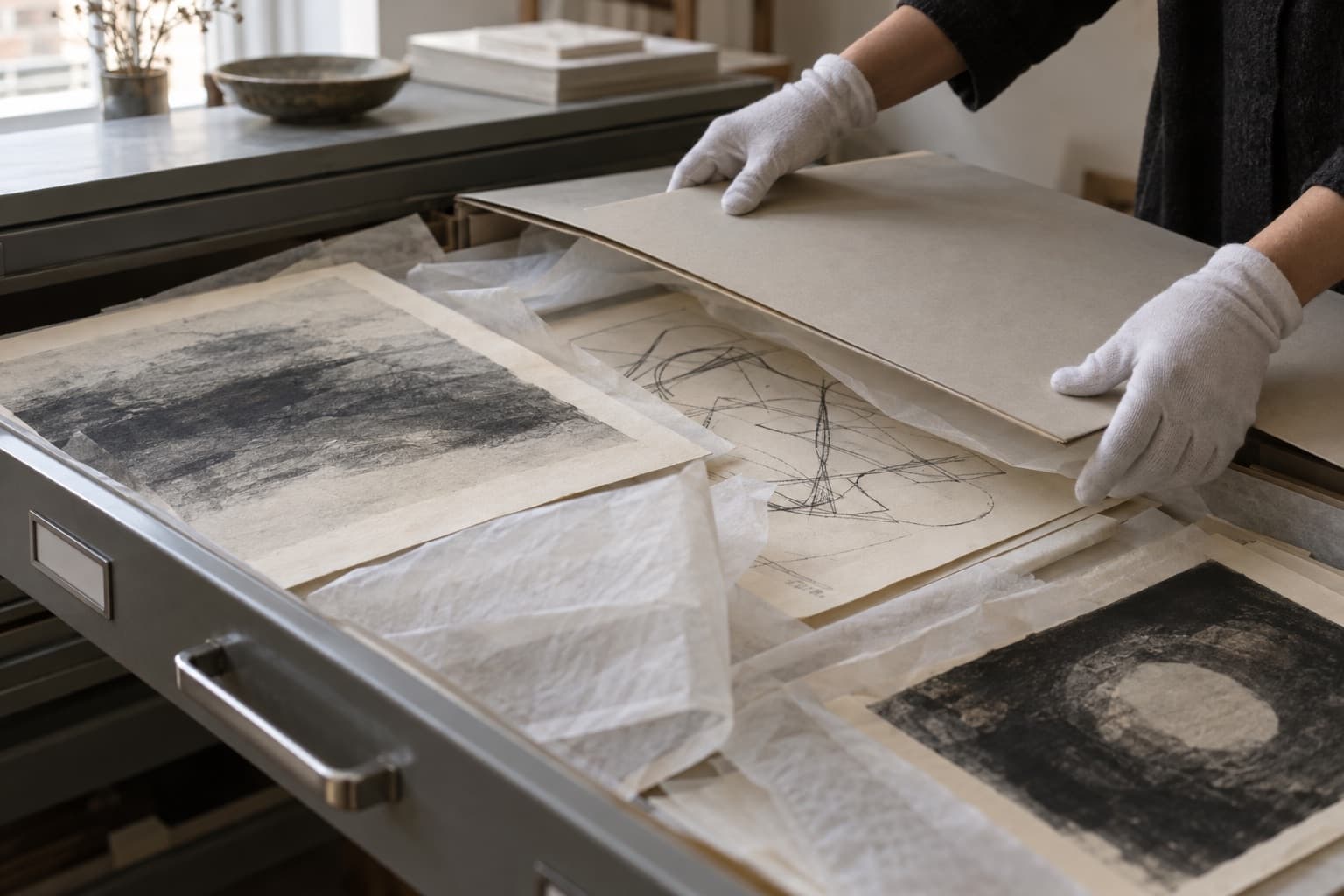 Gloved hands closing an archival folder over a flat file drawer