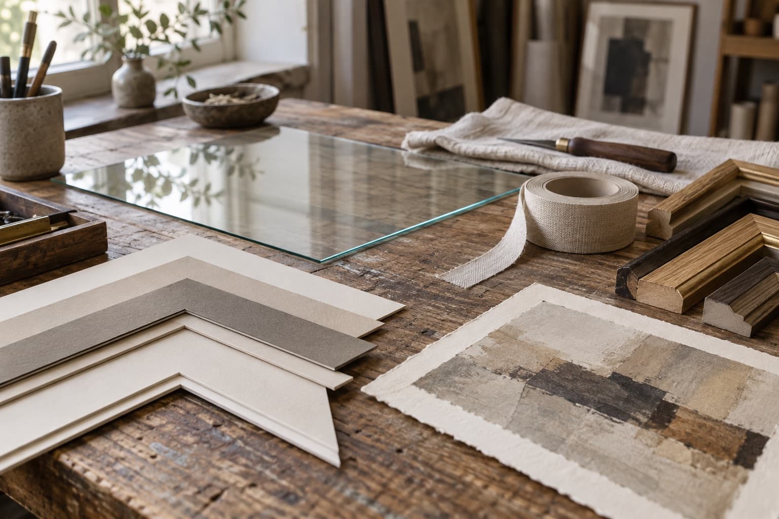Mat board, glazing and frame samples on a framer's workbench
