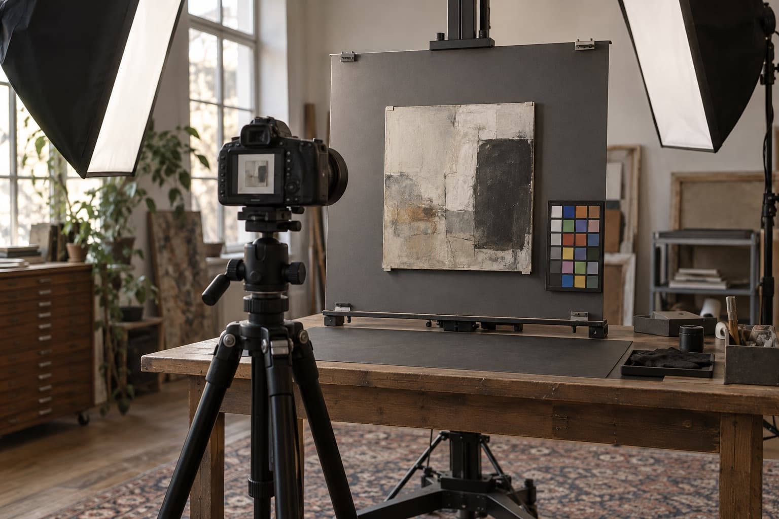 Camera on a tripod photographing a small painting for records