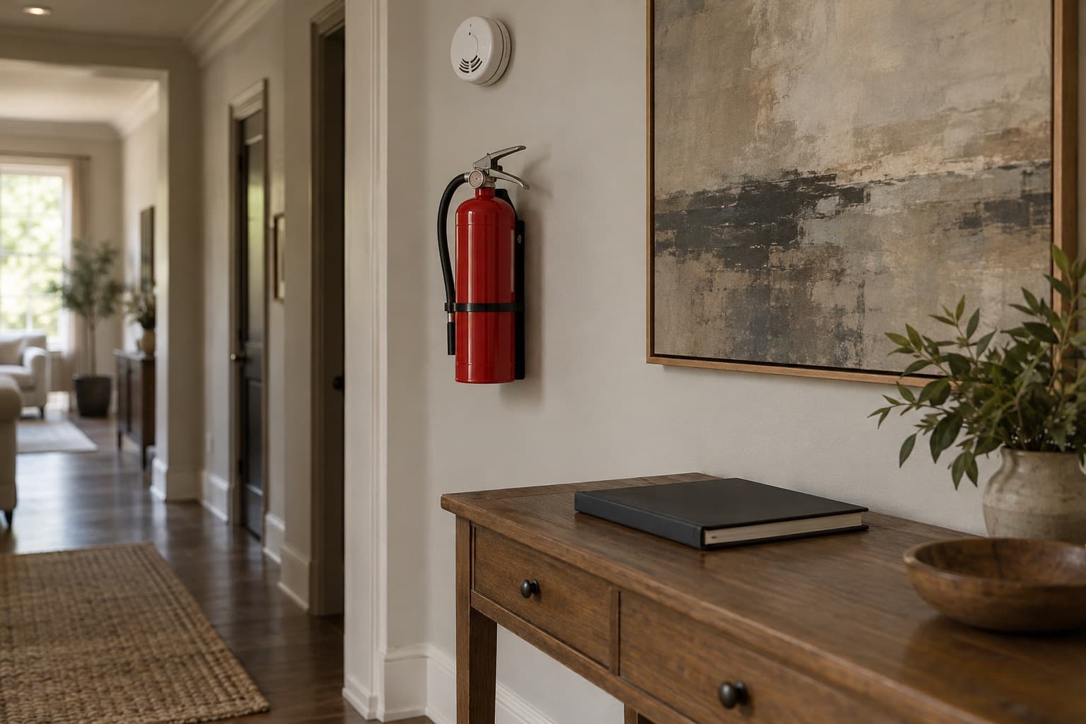 Fire extinguisher and an emergency binder near a framed painting