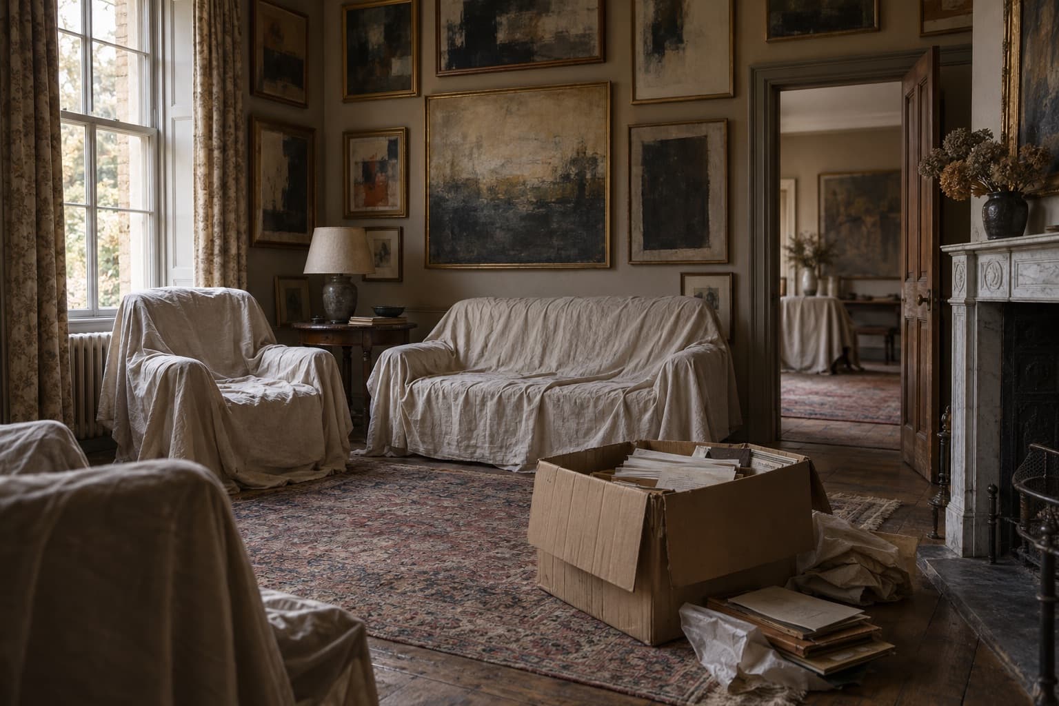 Family sitting room with densely hung paintings and dust sheets
