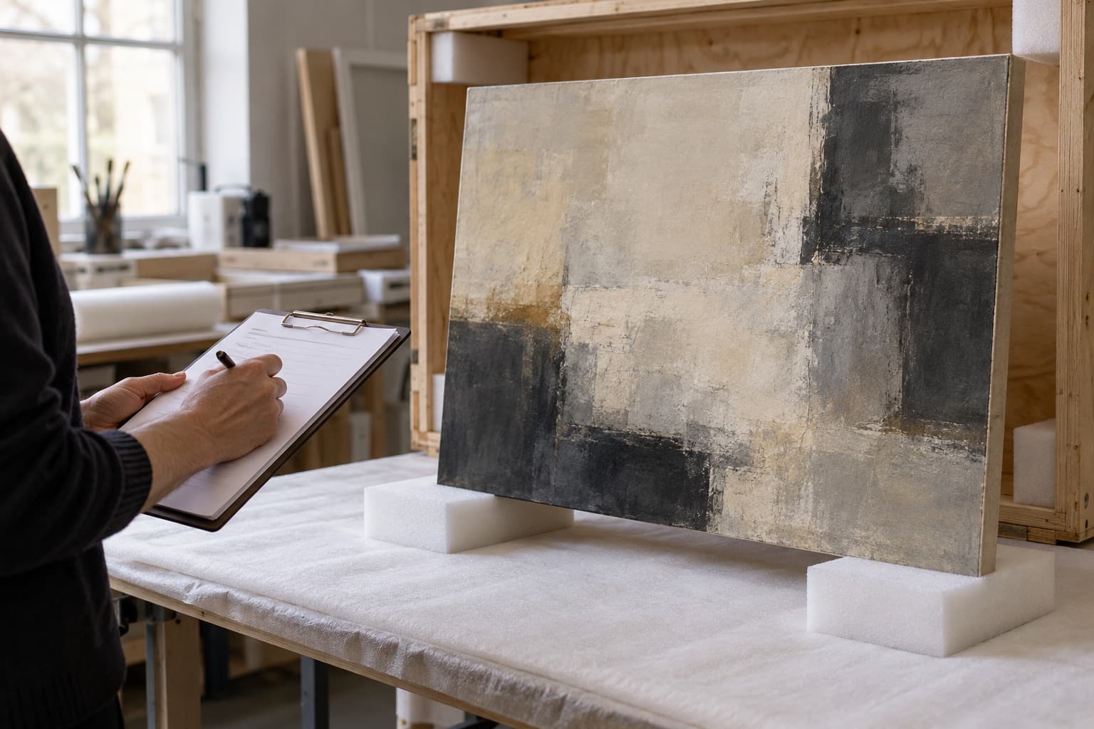 Registrar with a clipboard beside a newly uncrated painting