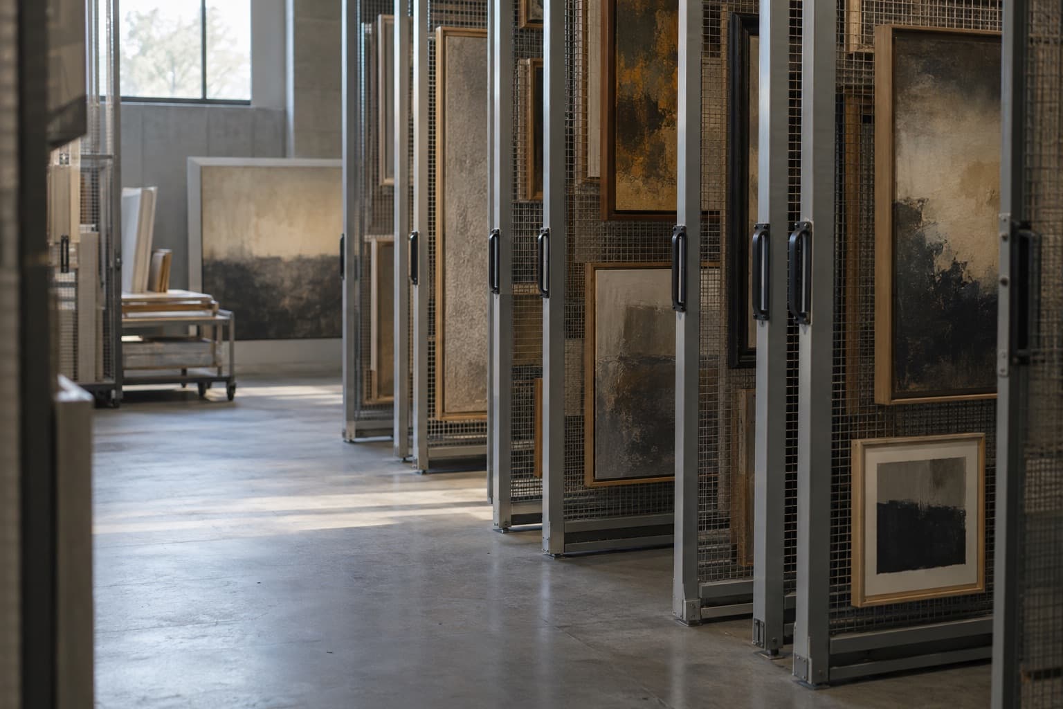 Art storage with framed paintings on sliding mesh racks
