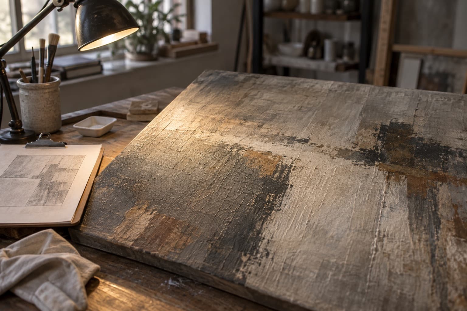 Raking light across a painting's surface beside a condition clipboard